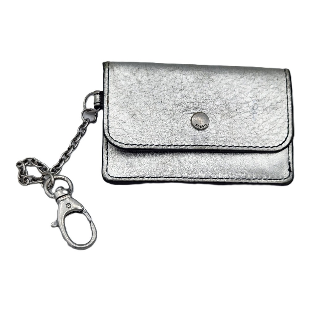 Fossil Valerie Leather‎ Card Case Silver Metallic Keychain Clip
